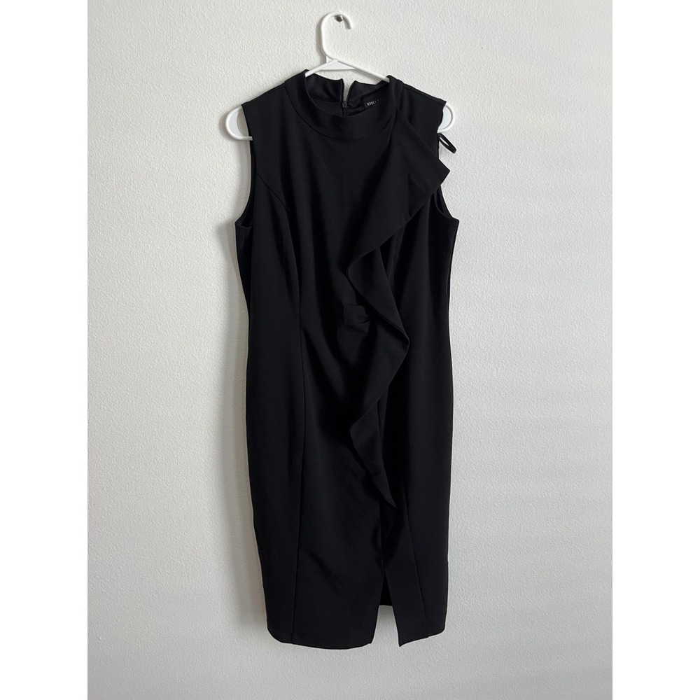 Stella & Julie Black‎ Ruffle Front Mock Neck Sleeveless Sheath Dress Size 14